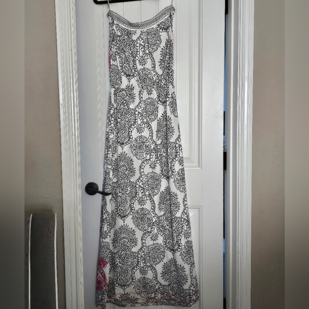 Hale Bob Strapless Maxi Dress Black White Paisley Pink Embroidered Drawstring S - Picture 14 of 14